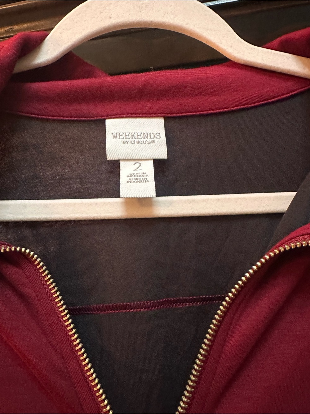 Chico's Weekend Zip-Front Jacket in Burgundy with Gold Zipper - Picture 2 of 5